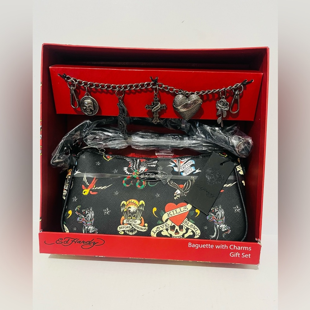 Ed Hardy Black Baguette with Colorful Tattoo Designs bag